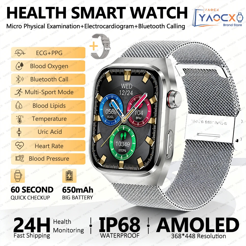 Reloj inteligente para hombre 2026, nuevo modelo con medición de ácido úrico y lípidos en sangre, ECG+PPG, presión arterial, frecuencia cardíaca, llamadas Bluetooth, reloj inteligente de salud