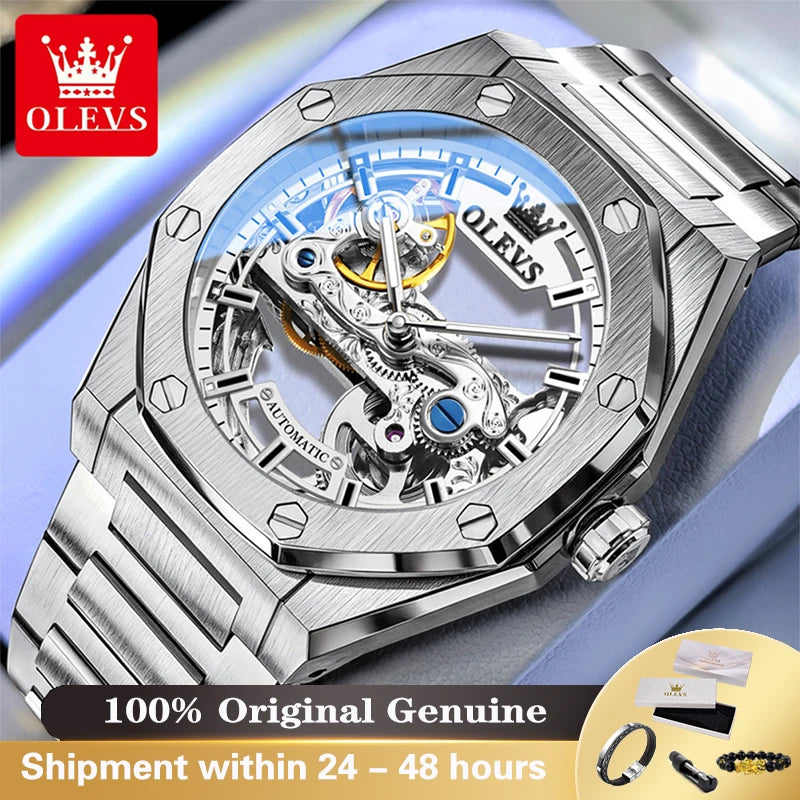 Reloj mecánico automático para hombre OLEVS, marca de lujo, esfera calada tipo esqueleto octogonal, superluminescente, reloj masculino de negocios y deportivo 6742