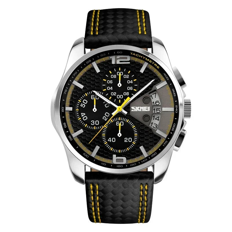 SKMEI 9106 Waterproof Quartz Sport Watch for Men Luxury Leather Date Calendar Stopwatch Wristwatches Mens Shockproof Clock