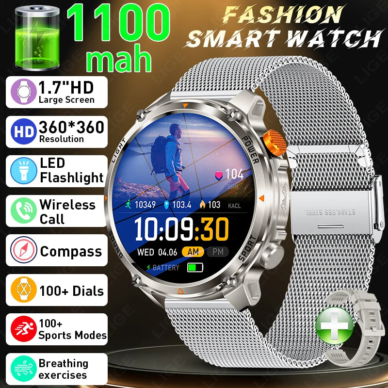 LIGE New Men Military Smart Watch Outdoor Compass 1100mAh Battery Flashlight 1.7"Display BT Call Waterproof Sports Smartwatches