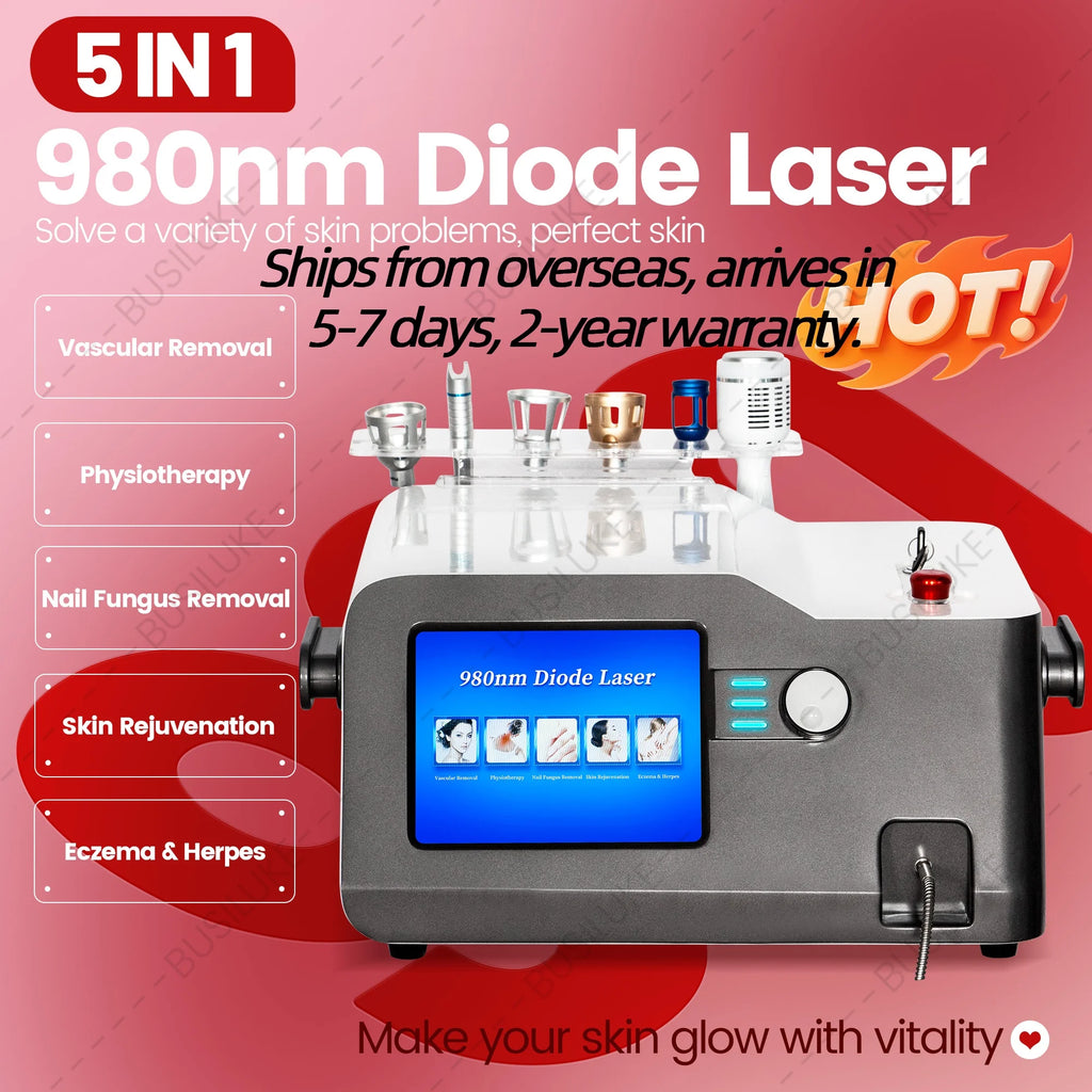 NUEVA Máquina de Belleza Diodo 5 en 1 de 980nm, 30W de Potencia, Equipo Profesional de Salón con 6 Cabezales de Tratamiento para Cuidado Vascular y Hongos en las Uñas