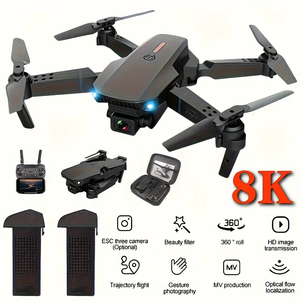 Drone plegable negro con control remoto, cámara inferior y transmisión 8K