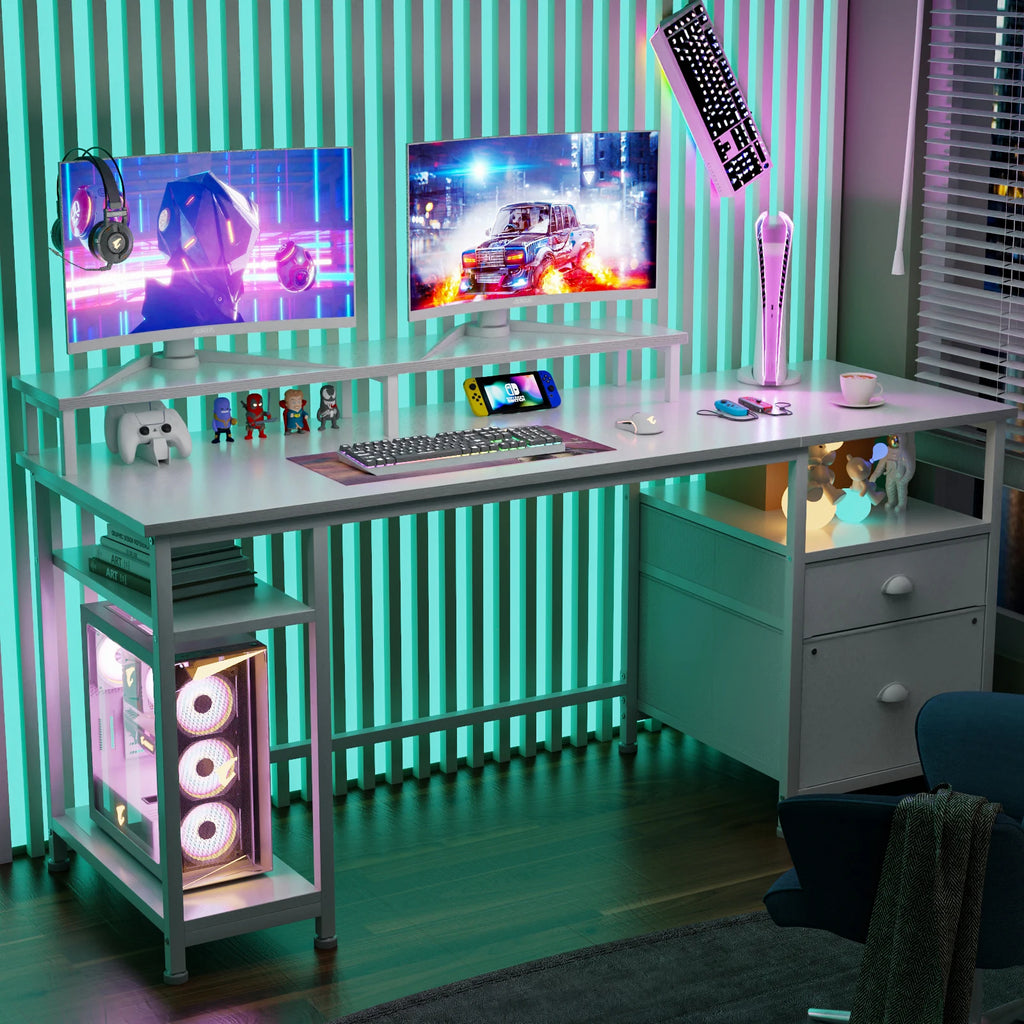 Escritorio blanco con luces LED multicolor y cajones, ideal para trabajo y juegos
