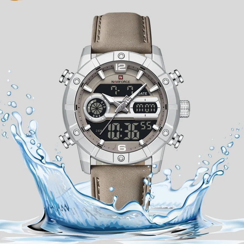 Reloj impermeable NAVIFORCE NF9263 con pantalla luminosa, correa de cuero auténtico, cronógrafo multifunción, temporizador de cuenta regresiva y alarma NF9263