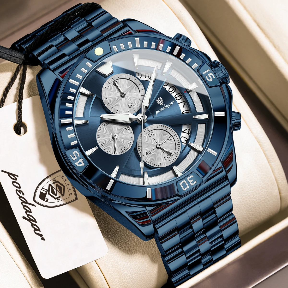 Reloj de pulsera para hombre POEDAGAR, luminoso, resistente al agua, de acero inoxidable, con cronógrafo, fecha y cuarzo, estilo deportivo