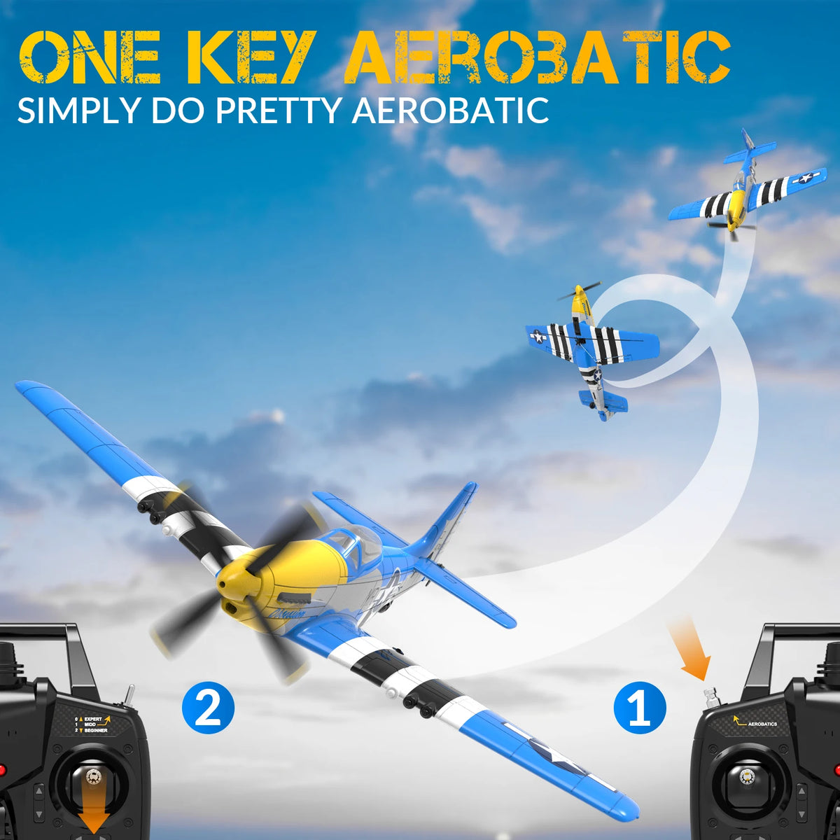 Avión RC VOLANTEXRC P51D Mustang 2.4G 4CH con Envergadura de 400 mm, Acrobacias con una Sola Tecla, RTF, con Estabilizador XPILOT