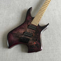 Guitarra eléctrica de 7 cuerdas con trastes en forma de abanico, de 648 mm a 670 mm, tapa de arce con vetas de color púrpura oscuro, incrustaciones de puntos rojos y puntos fluorescentes en los laterales del mástil.