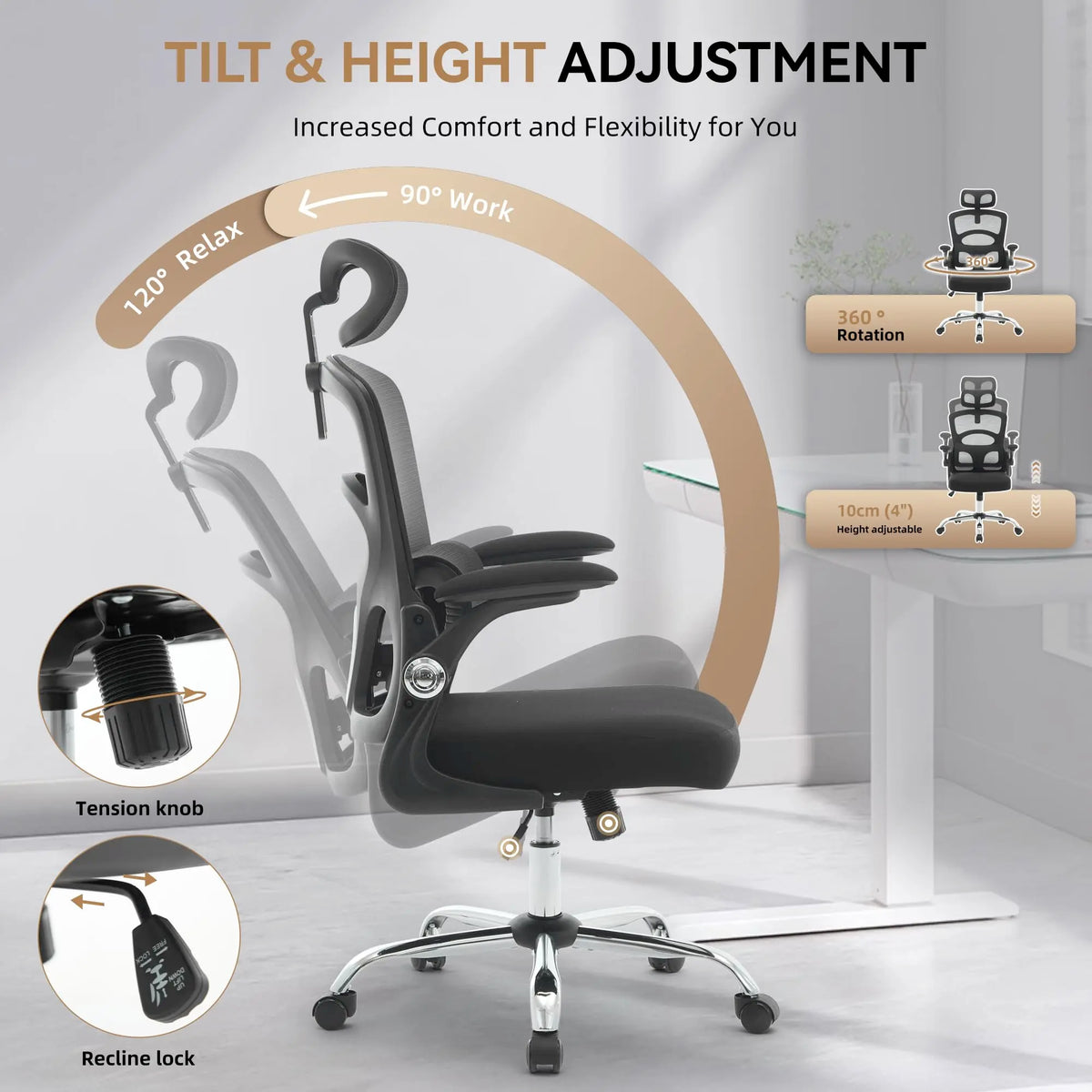 Silla ergonómica negra con inclinación y altura ajustables, reposacabezas abatible.