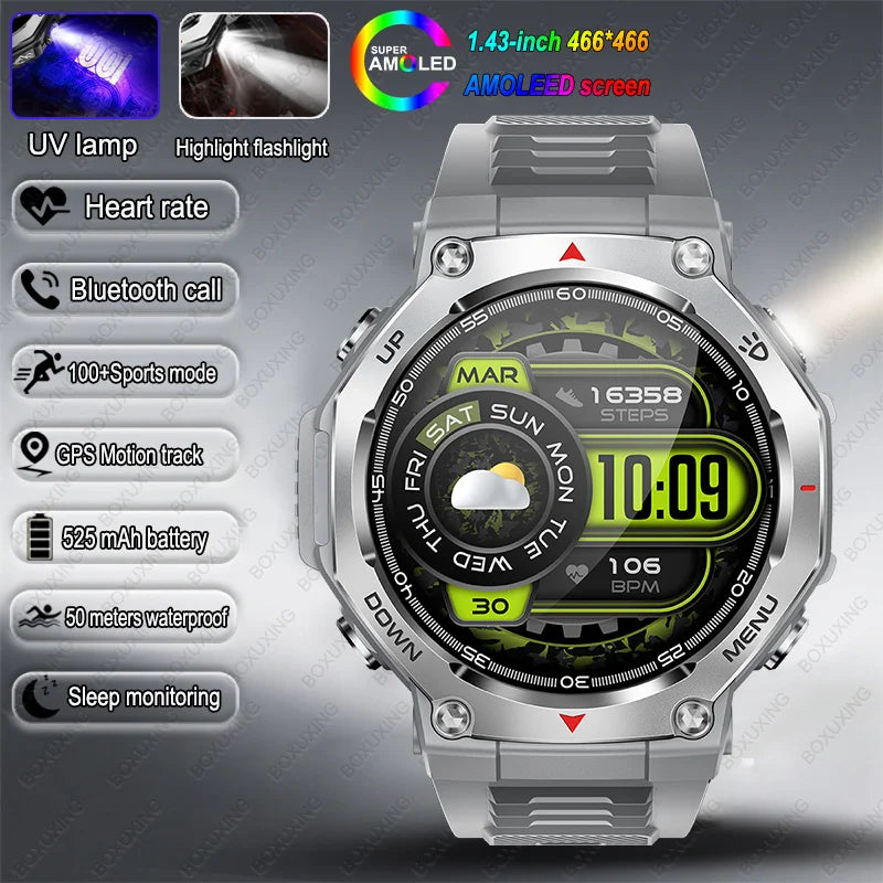2026 Nuevo T-Rex 3 Reloj inteligente deportivo de grado militar con seguimiento de movimiento GPS, resistente al agua 5 ATM, frecuencia cardíaca, llamada Bluetooth HD, reloj inteligente para hombre