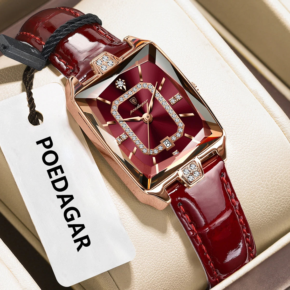 Reloj de pulsera para mujer POEDAGAR de alta calidad, resistente al agua, con fecha, correa de piel, reloj de cuarzo de lujo, rectangular para mujer