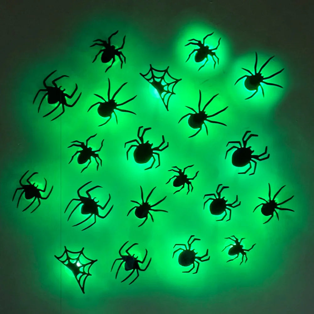 Decoración de arañas y murciélagos LED para Halloween, pegatinas de pared 3D que brillan en la oscuridad, luces moradas/verdes para intrincados de fiesta de Halloween en interiores y exteriores