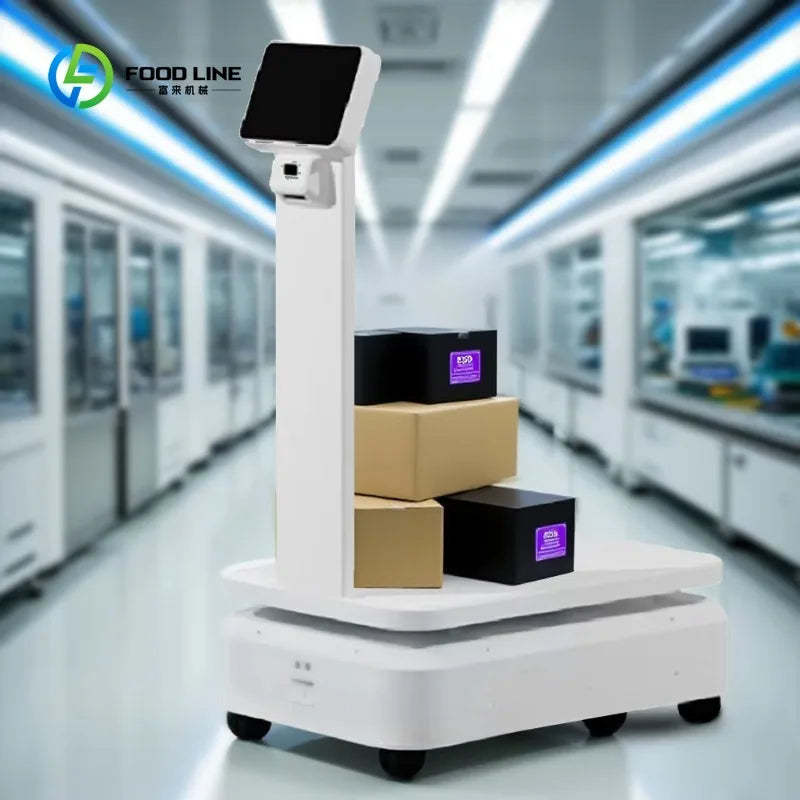 Robot de entrega con IA, base blanca con ruedas y torre con pantalla negra arriba.