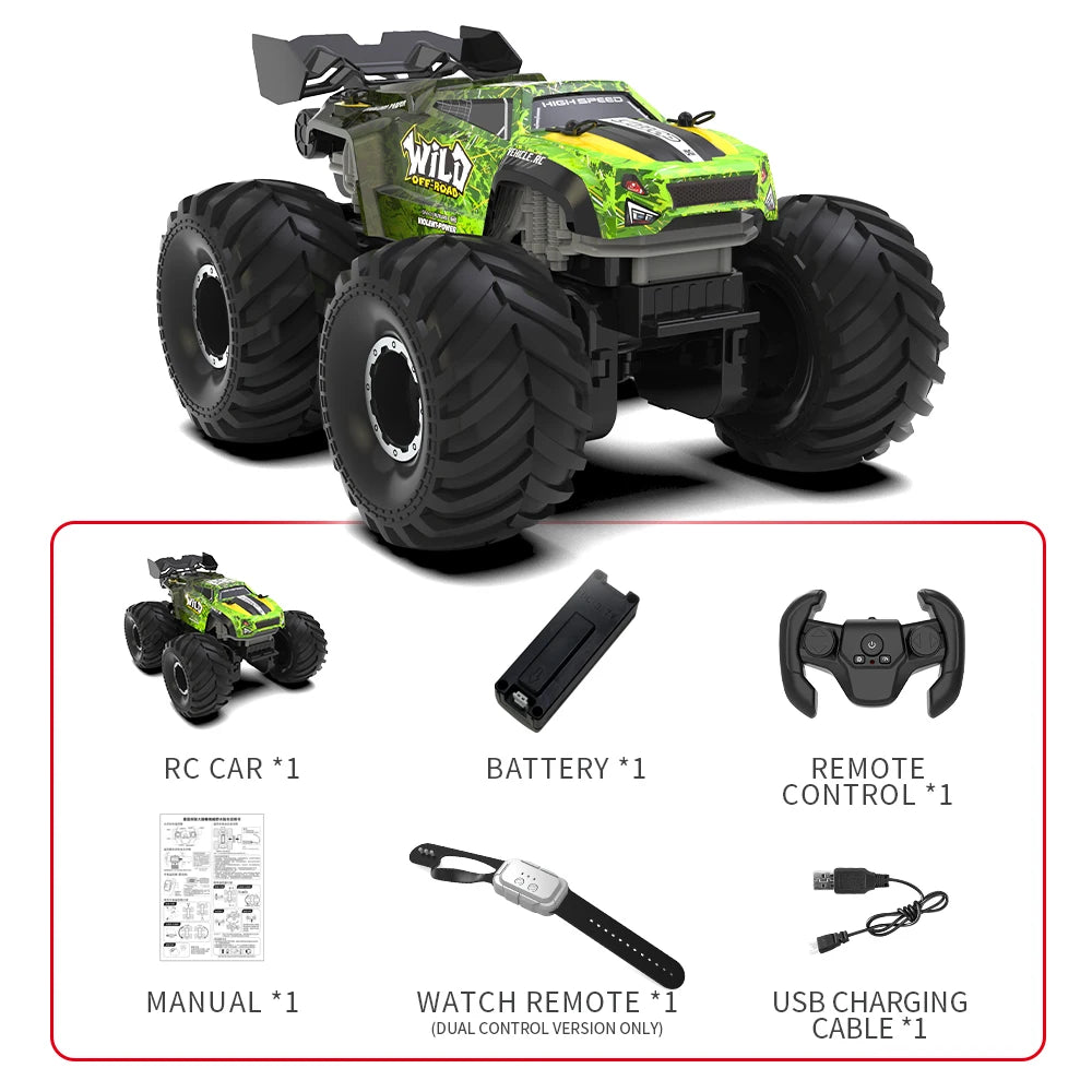 Coche RC verde 4WD con control remoto, batería, manual y cable USB, incluye reloj