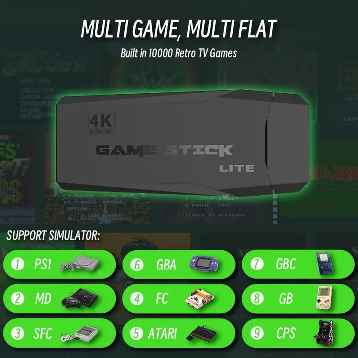 Consola retro negra Game Stick Lite y mandos inalámbricos con sistema de compatibilidad