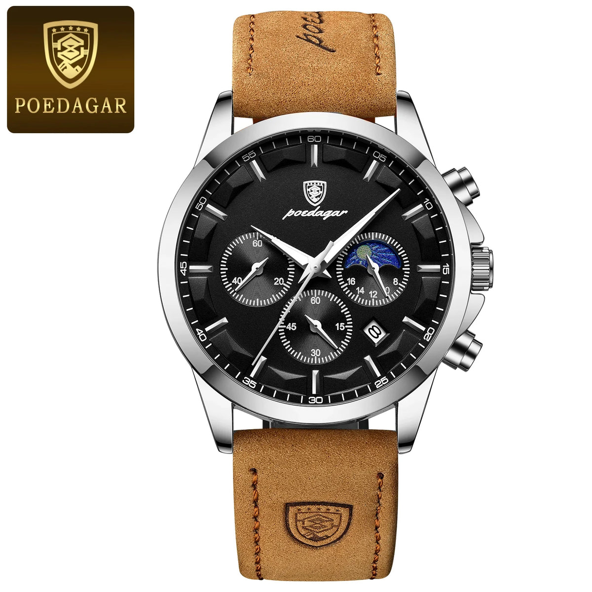 Reloj de pulsera para hombre POEDAGAR de lujo, elegante, resistente al agua, cronógrafo, luminoso, con fecha, de cuarzo y correa de piel