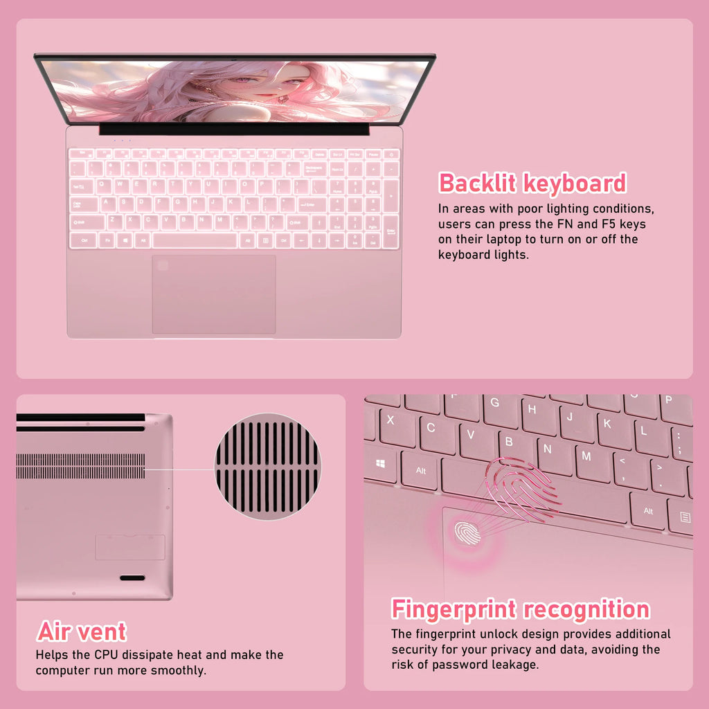 Portátil de 15,6 pulgadas en color rosa, procesador N95, 16 GB DDR4, SSD de 512 GB, desbloqueo por huella dactilar, pantalla FHD, teclado retroiluminado, interfaz múltiple