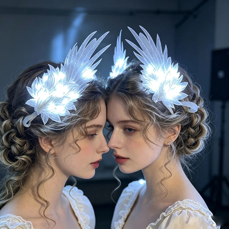 1 Par de Diademas con Alas de Ángel Iluminadas por LED, Diadema de Encaje Estilo Lolita, Accesorios de Cabello Brillantes de Hada para Mujeres, para Fiestas de Disfraces de Halloween
