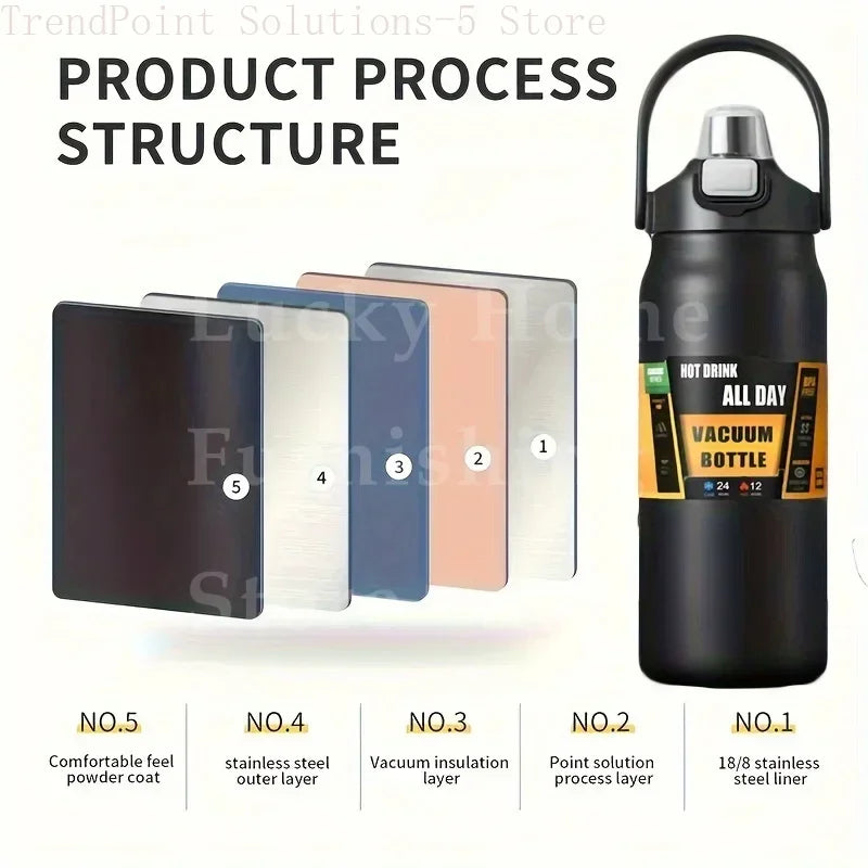 Botella térmica de acero inoxidable de gran capacidad, 1,2 litros, con aislamiento, doble tapa, pajita integrada, ideal para el gimnasio y para llevar agua.