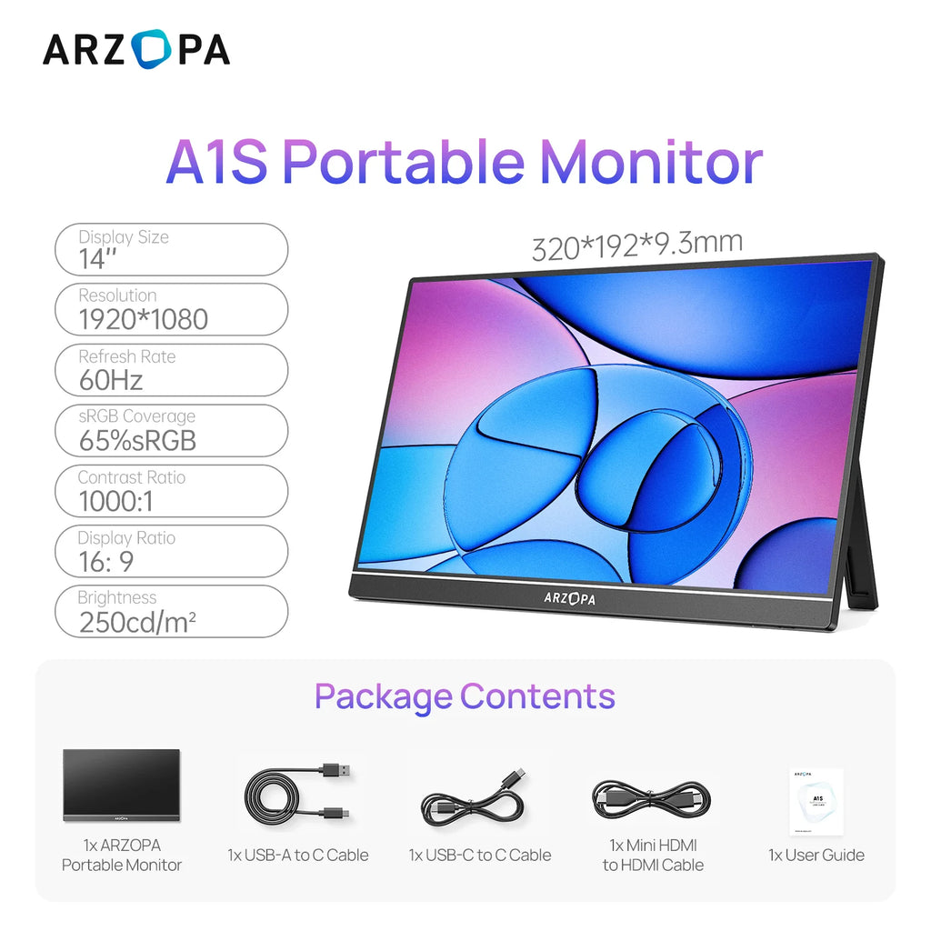 ARZOPA Monitor portátil IPS 1080P FHD de 14 pulgadas con USB C HDMI segunda pantalla externa para Mac/portátil/PC/Switch/PS/Xbox A1S