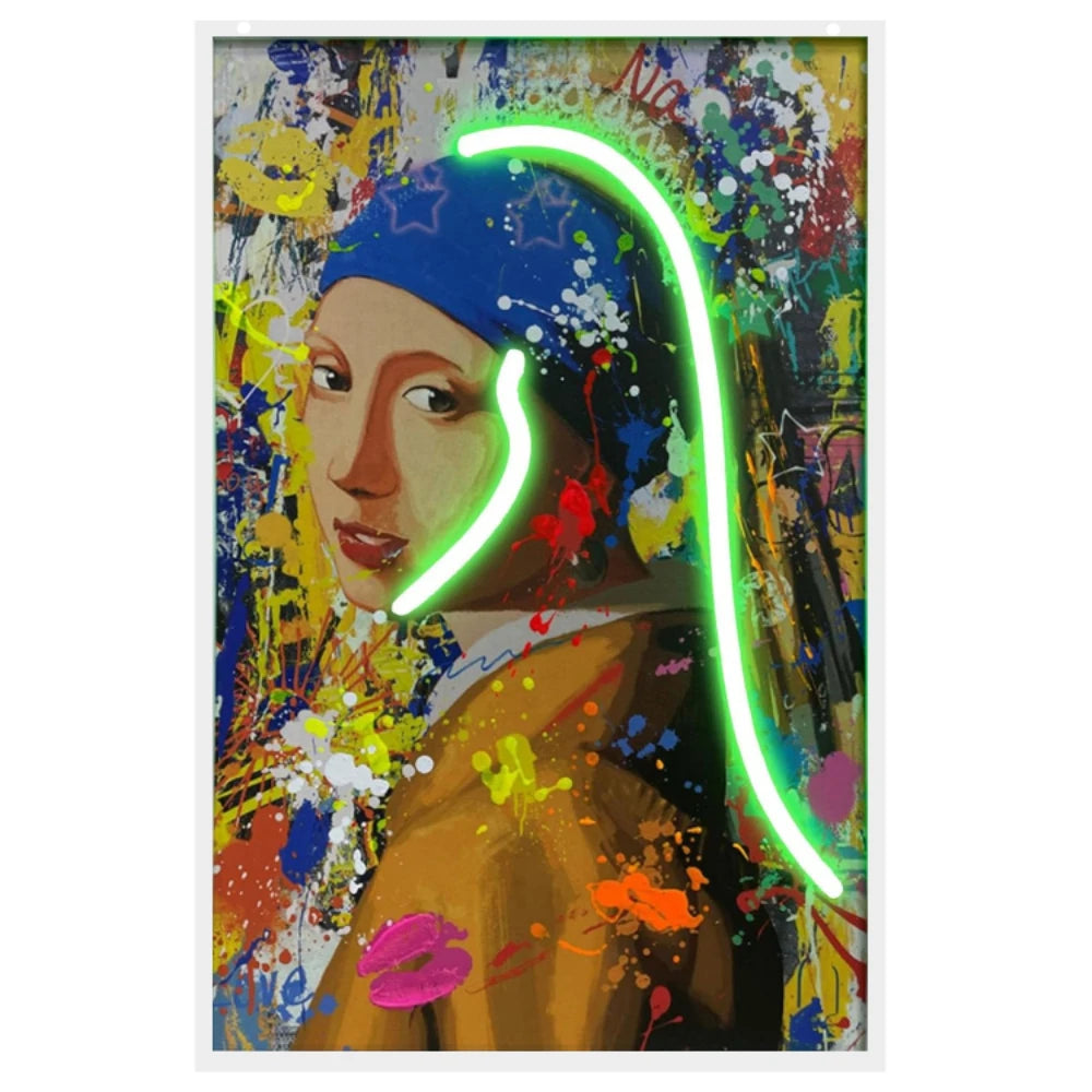 Cartel de luz LED tipo neón con retrato de mujer, contorno verde y marco blanco.