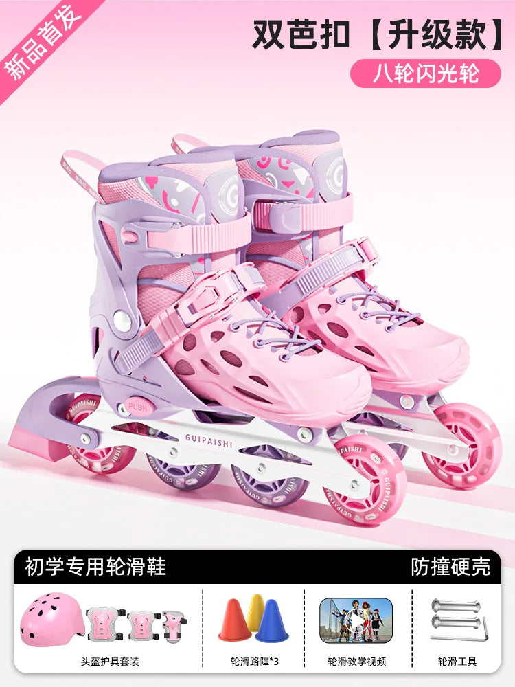 Patines en Línea con 4 Ruedas y Luces Intermitentes, con Juego Completo de Protección, Casco, Rodilleras, Coderas, Bolsa de Transporte, Talla Ajustable para Niños y Niñas