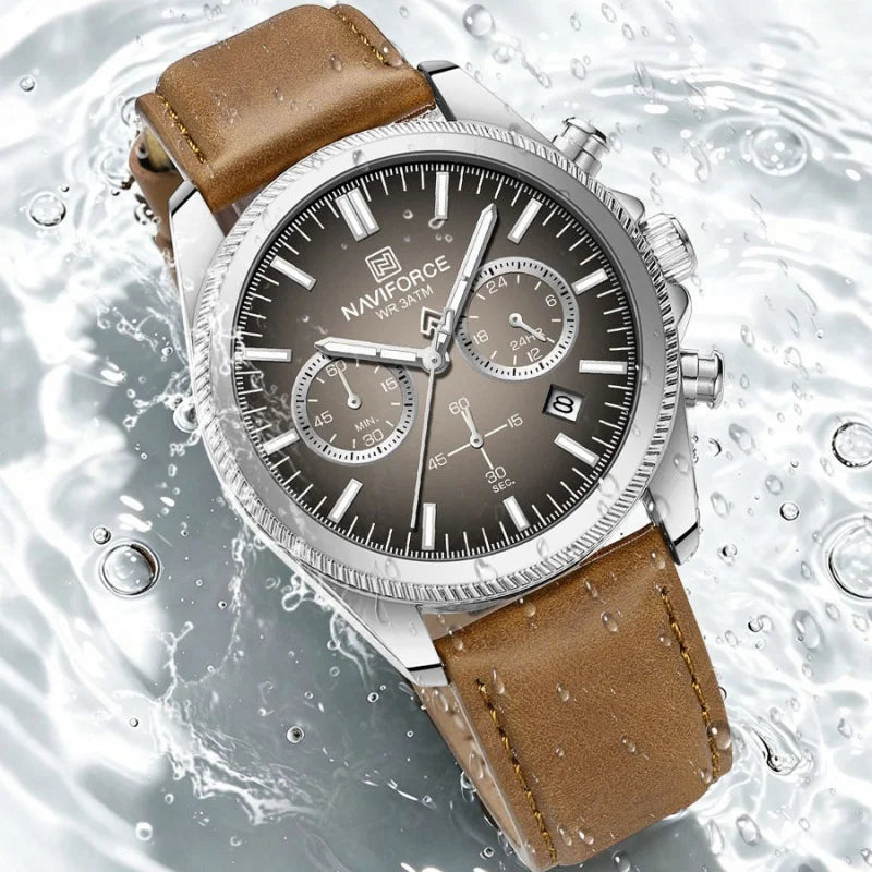 Reloj de cuarzo para hombre NAVIFORCE de marca líder, cronógrafo, indicador de fecha, resistente al agua, luminoso, correa de cuero auténtico, estilo casual de negocios, regalo para hombre