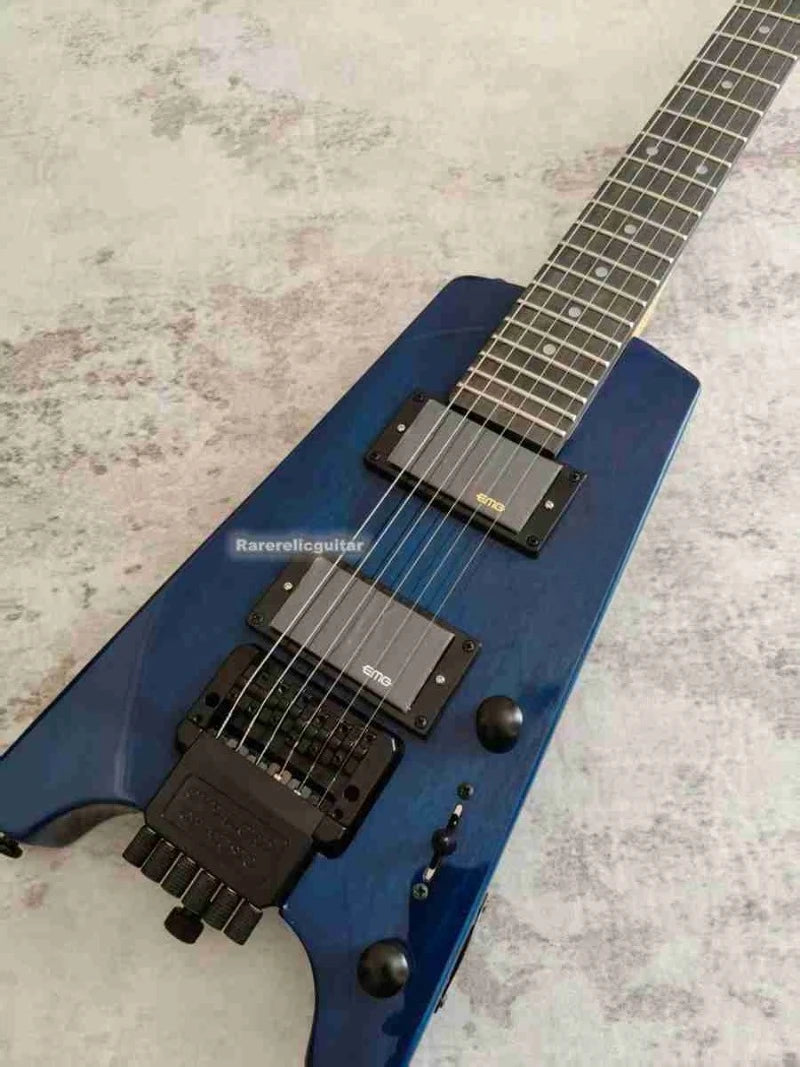 NUEVA Guitarra Eléctrica Sin Cabeza Spiri Trans Blue, Puente Tremolo, Herrajes Negros, Mástil de Arce, Diapasón de Palisandro