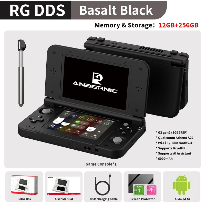 Consola de Juegos Portátil Retro Anbernic RG DDS con Pantalla IPS de 4.7"/4" Doble, Batería de 6000mAh, Android, 16 Juegos, Compatible con Asistente de IA y Streaming
