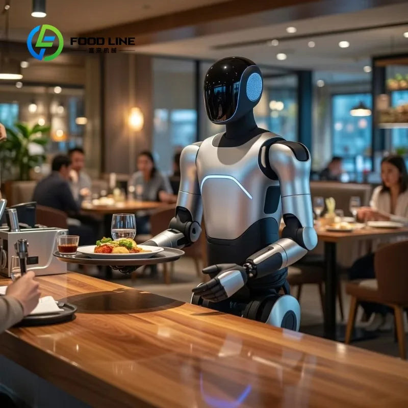 Robot humanoide blanco con cabeza negra y paneles azules, brazos articulados.