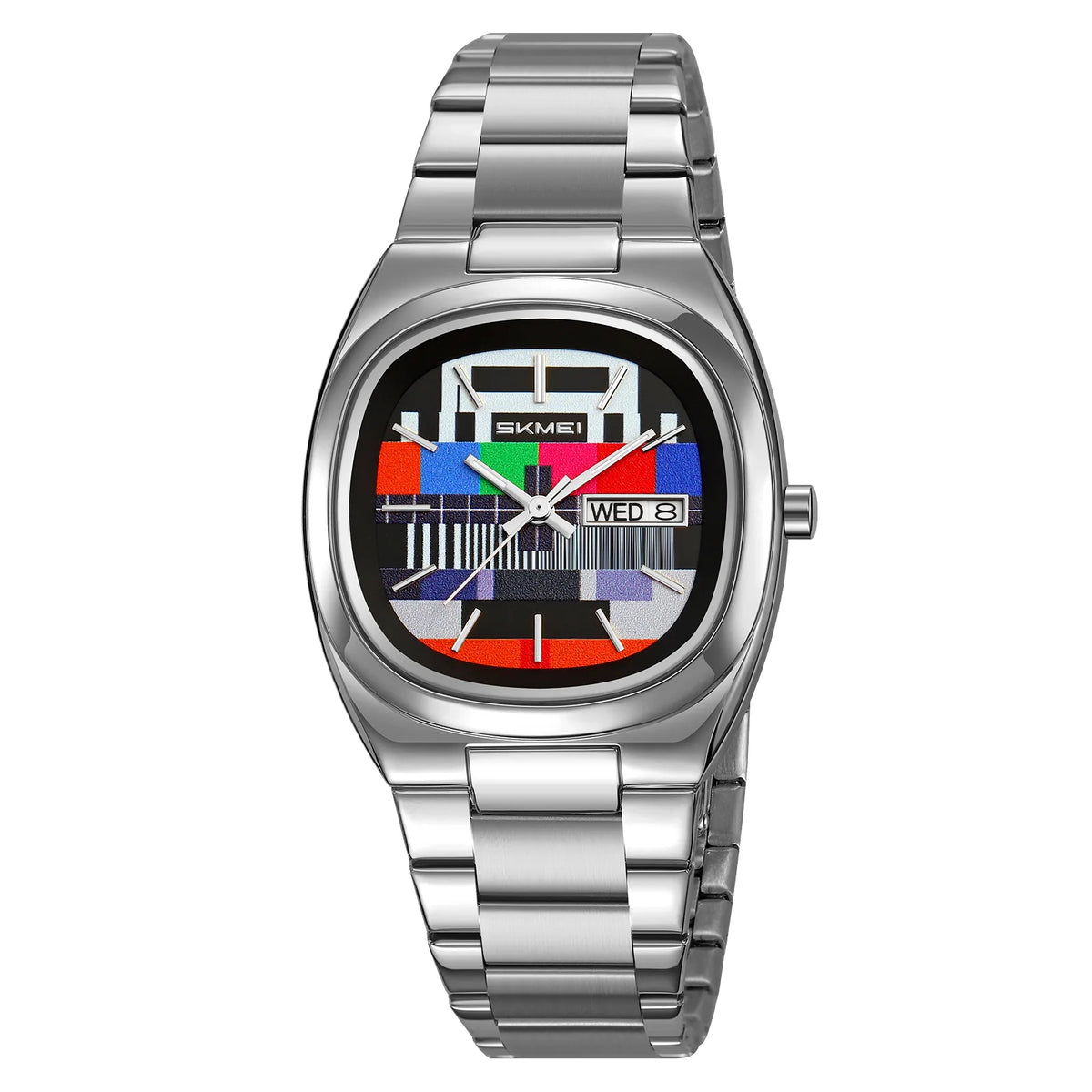 Reloj SKMEI retro para hombre, sencillo, dorado, caja ovalada, esfera con patrón de prueba de TV, correa de acero inoxidable, hora, semana, fecha, resistente al agua 30M, 9375