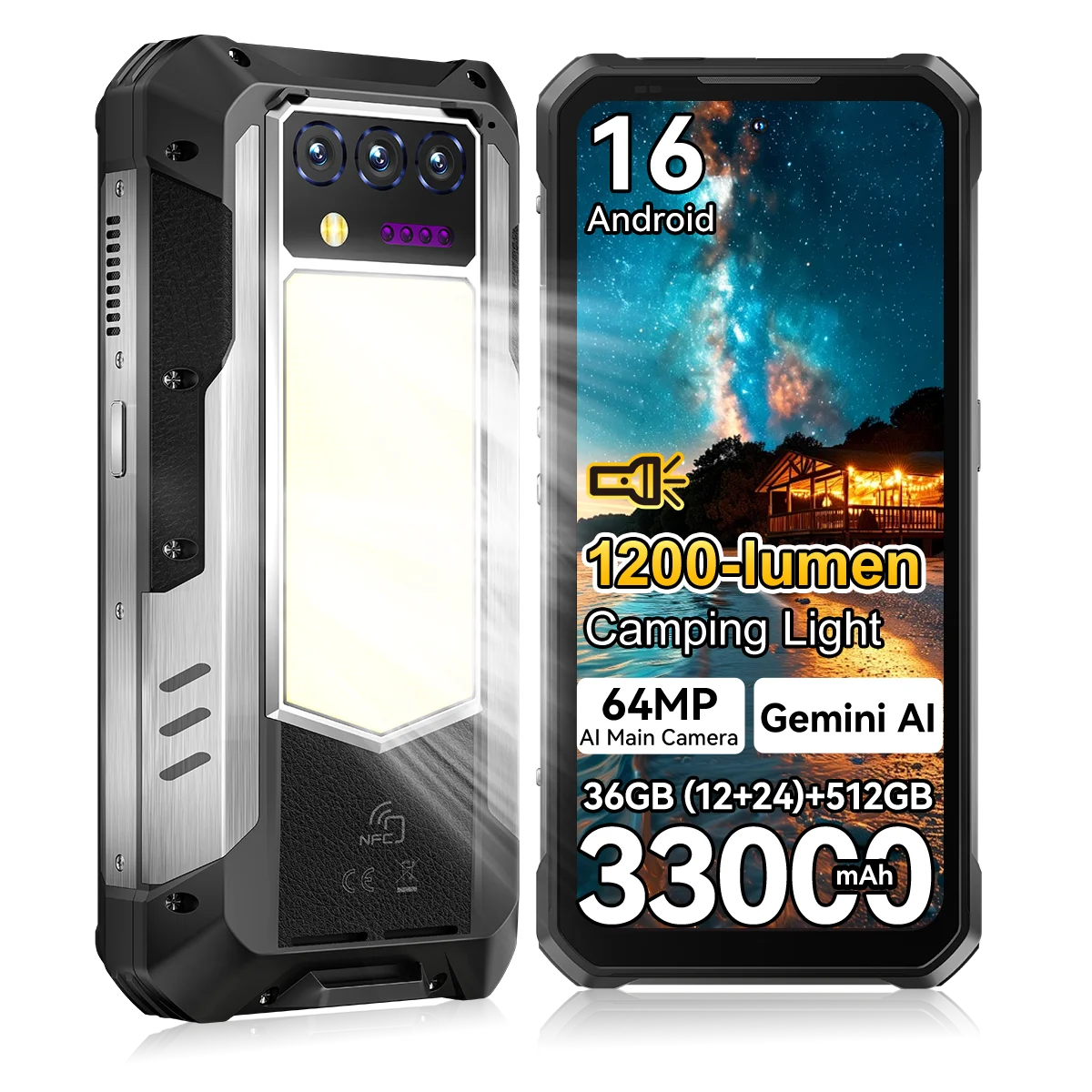 Teléfono resistente OUKITEL WP100 Plus 36GB (12+24)+512GB, pantalla de 6.8" 120Hz, 33000mAh, carga rápida de 66W, carga inversa de 18W, luz de camping de 1200 lúmenes, cámara de 64MP, MediaTek Helio G100, Gemini AI, NFC, ESIM, Android