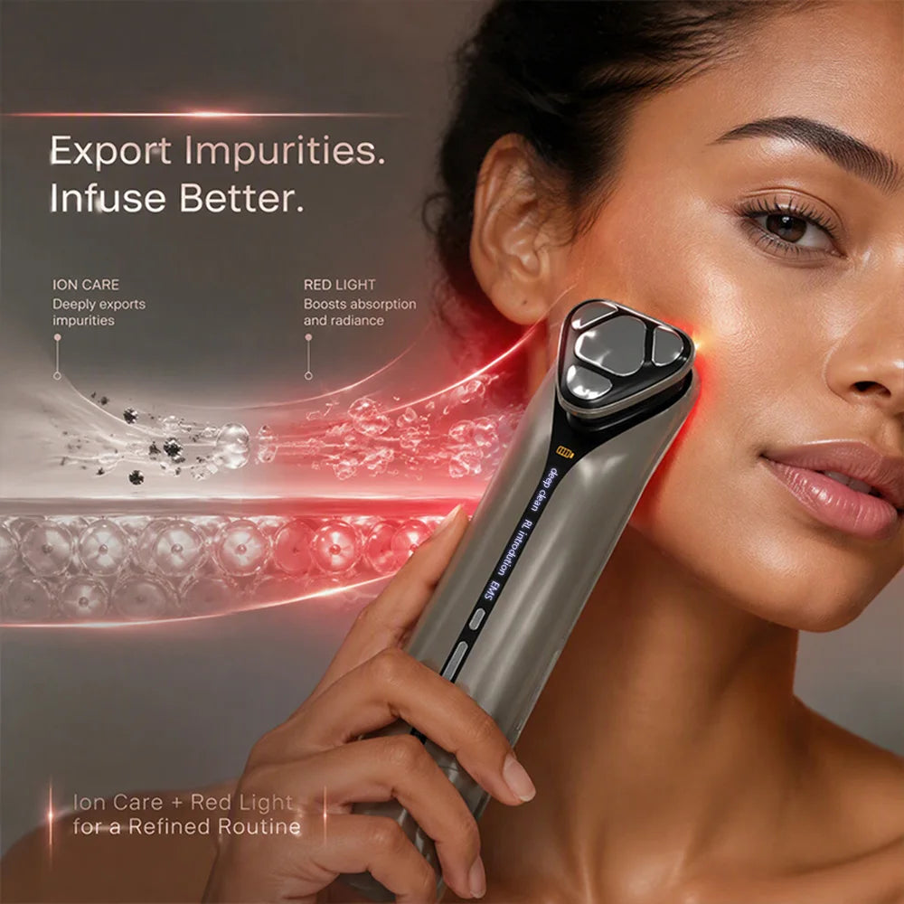 Limpiador Ultrasónico 4 en 1, Exfoliante Facial, Limpiador de Piel, EMS, Exportación de Iones, Luz Roja, Eliminador de Puntos Negros, Tecnología de Belleza para el Cuidado de la Piel, Dispositivo para el Hogar