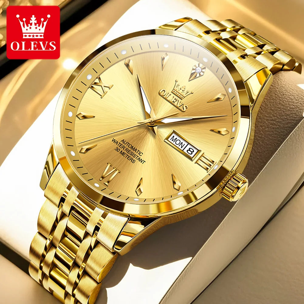 Reloj mecánico automático OLEVS 9956 para hombre, de acero inoxidable, resistente al agua, con fecha y día, versión de lujo original mejorada