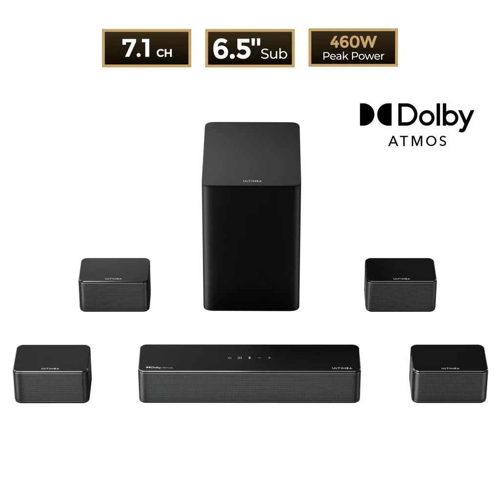 Conjunto de barra de sonido y subwoofer negros con seis altavoces satélite