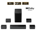 Conjunto de barra de sonido y subwoofer negros con seis altavoces satélite