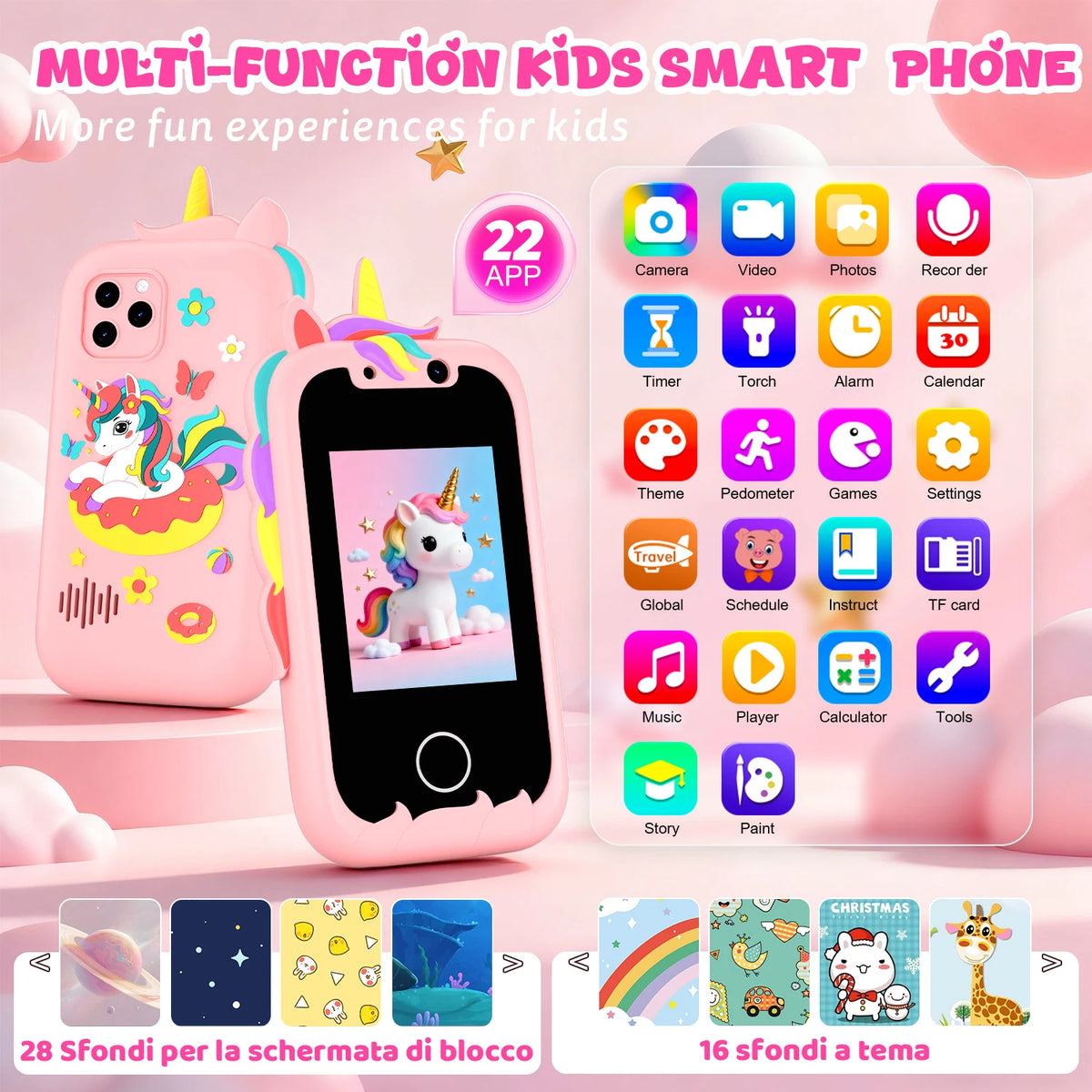 Unicorn Kids Pretend Smart Phone Touch Screen Learning Toy with Camera Music Games for Toddler Girls