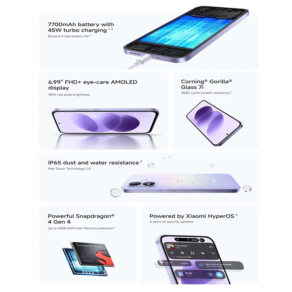 Versión global del smartphone Redmi Note 17 5G, pantalla AMOLED de 6.99", batería de 7700 mAh, potente procesador Snapdragon 4 Gen 4, Corning Gorilla Glass 7i, con tecnología Xiaomi HyperOS