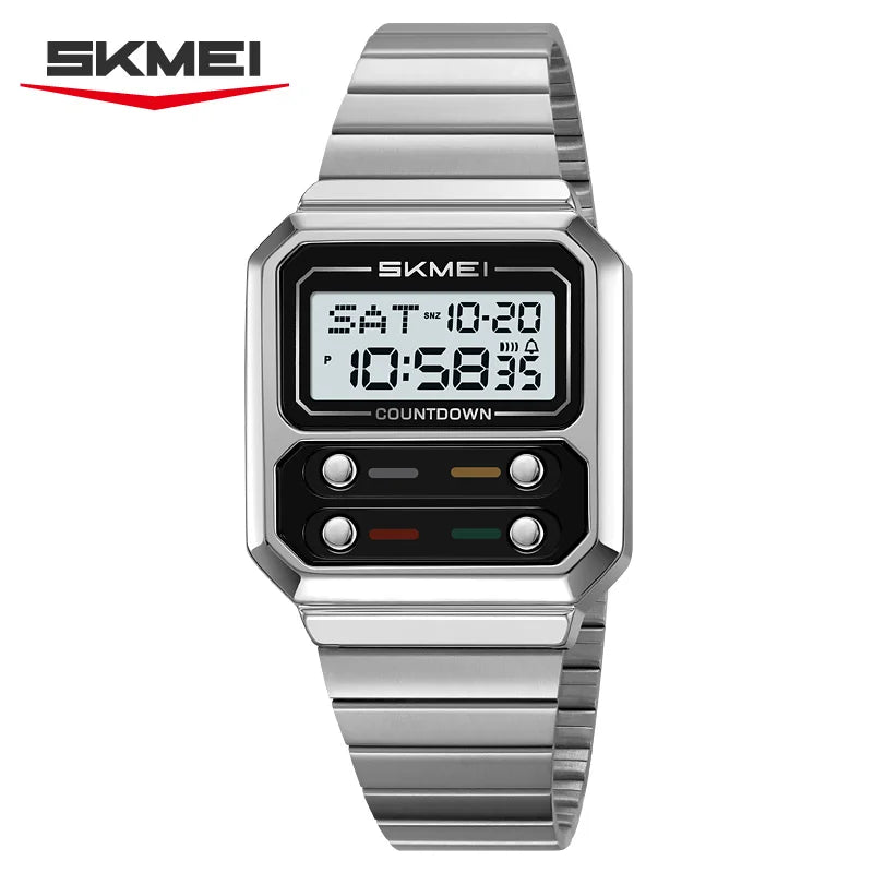 Reloj de pulsera digital para hombre SKMEI, resistente al agua, con cuenta regresiva, a prueba de golpes, de acero inoxidable y estilo lujoso
