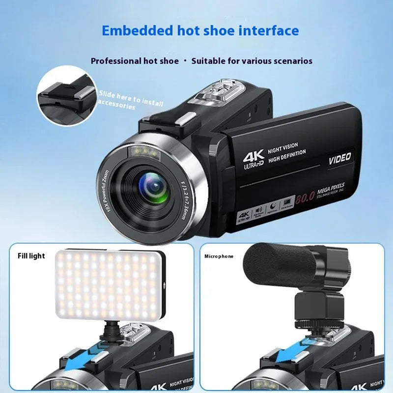 Videocámara 4K Ultra HD, Cámara Digital de 80MP, Cámara para Vlogging para YouTube, Pantalla IPS de 3.0" y 270° °   Cámara DV portátil con visión nocturna IR y pantalla