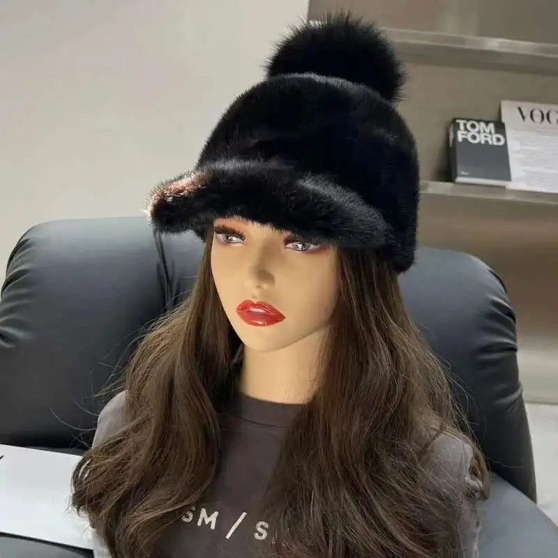 Gorro de piel de visón auténtica para mujer, gorro informal de pico de pato con bola de piel de zorro, gorro de caballero tejido a la moda, gorros de béisbol de piel auténtica gruesa
