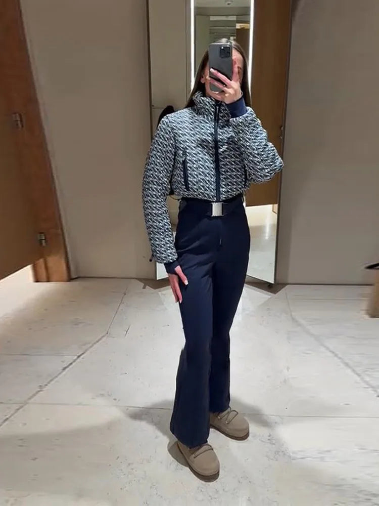 Mono de esquí grueso con estampado elegante para mujer, pelele largo elegante de manga larga con cuello levantado y cinturón con cremallera, peleles cálidos de cintura alta a la moda