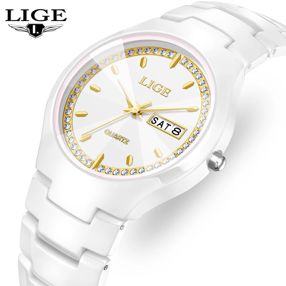Relojes LIGE de cerámica para hombre con calendario, relojes de pulsera impermeables para mujer, reloj de vestir sencillo con diamantes, reloj de cuarzo con visualización de fecha y día de la semana
