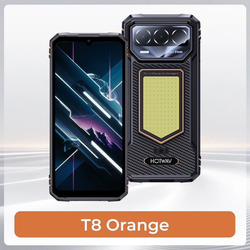 Smartphone HOTWAV T8 6.75'' 120Hz IP68 & IP69K con luz de acampada, cámara trasera de 20MP, NFC, procesador Octa-core, batería de 6200mAh, carga rápida de 20W, 4GB de RAM, 64GB de ROM, IA y Android 16