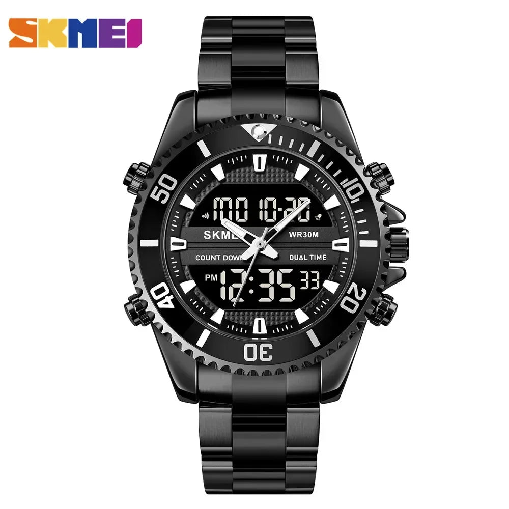 Reloj SKMEI con alarma para hombre, resistente al agua, de acero inoxidable, con doble pantalla, reloj digital de moda para caballero, modelo 1850