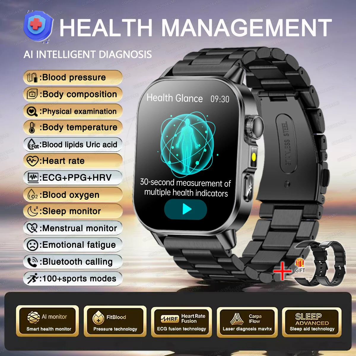 2026 Nuevo y preciso diagnóstico Reloj inteligente ECG oxígeno en sangre PA Ácido úrico Lípidos Salud HD AMOLED Pantalla para llamadas Reloj inteligente Hombres Mujeres