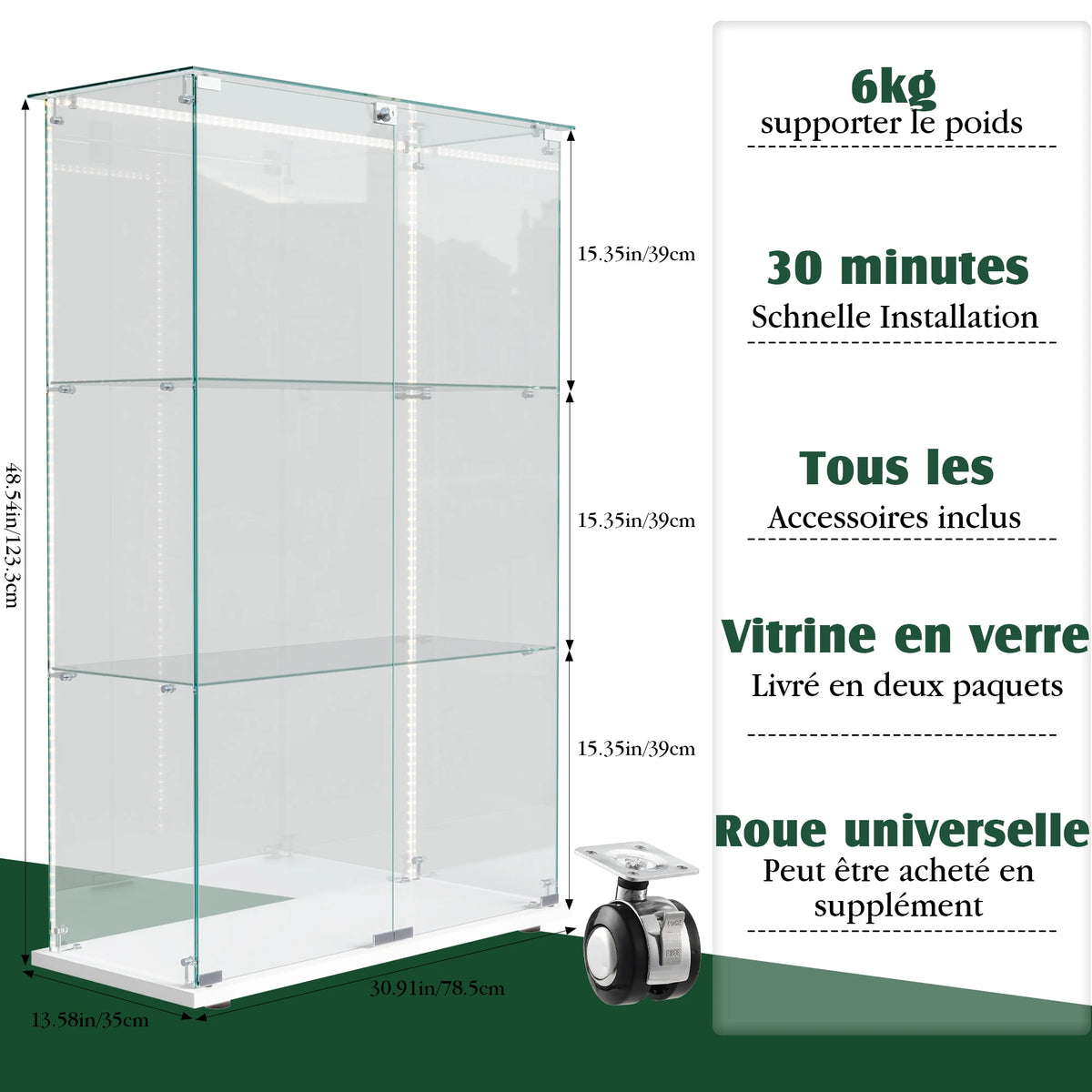 Vitrina de cristal Rosahqnda, vitrina de pie, 3/4 niveles, 2 puertas, con LED y cerradura, mueble expositor de cristal, para sala de estar, dormitorio