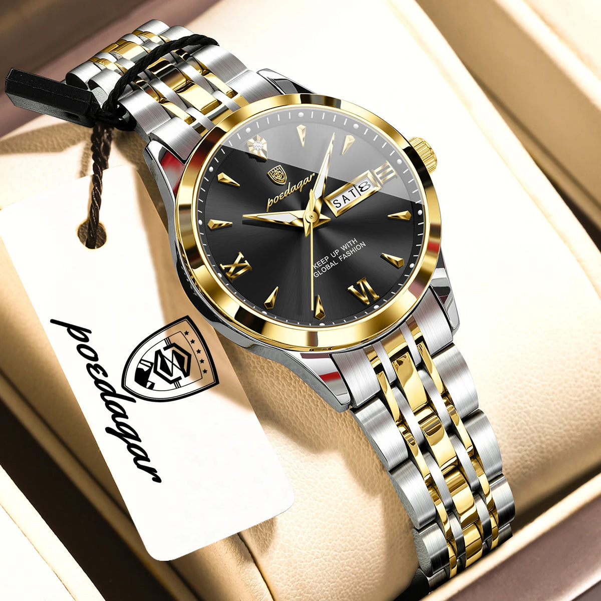 Reloj de pulsera informal POEDAGAR para mujer, resistente al agua, con fecha, semana, luminoso, de acero inoxidable, reloj de moda para mujer