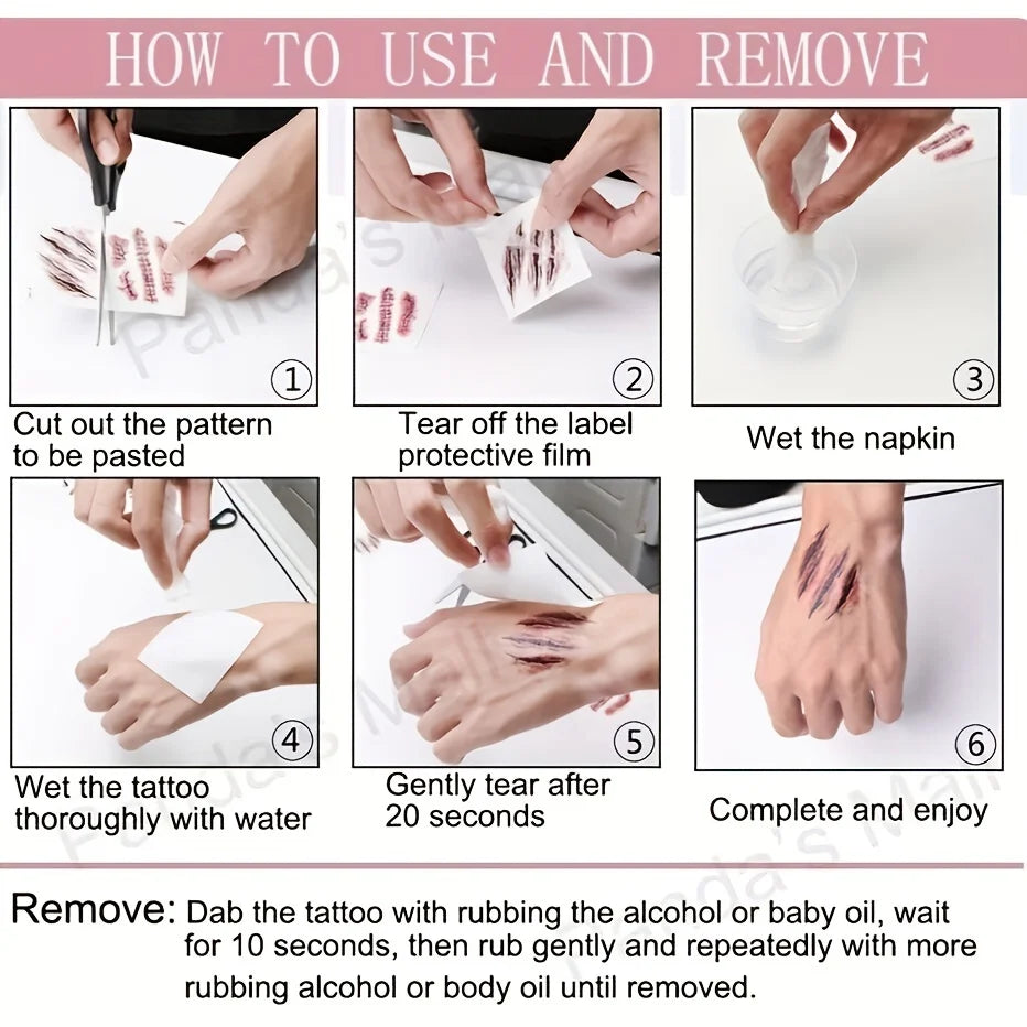 5/10 Uds. Pegatinas de tatuaje temporal de cicatriz de Halloween, tatuaje facial de coágulo de sangre roja, regalos de Cosplay impermeables para hombres y mujeres, decoración de fiesta