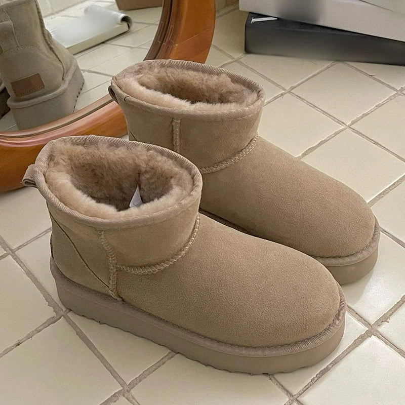 Botas de nieve clásicas de mujer, modelo 2027, nuevas, de invierno, cálidas, de lana, con suela gruesa, de cuero genuino y piel.