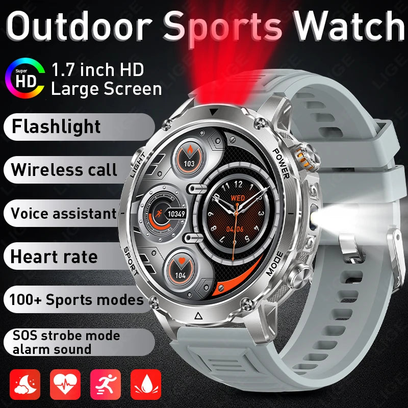 Reloj inteligente militar LIGE para hombre, batería ultraduradera de 1100 mAh, resistente al agua 10ATM, frecuencia cardíaca, linterna, pulsera deportiva, reloj inteligente para hombre y mujer